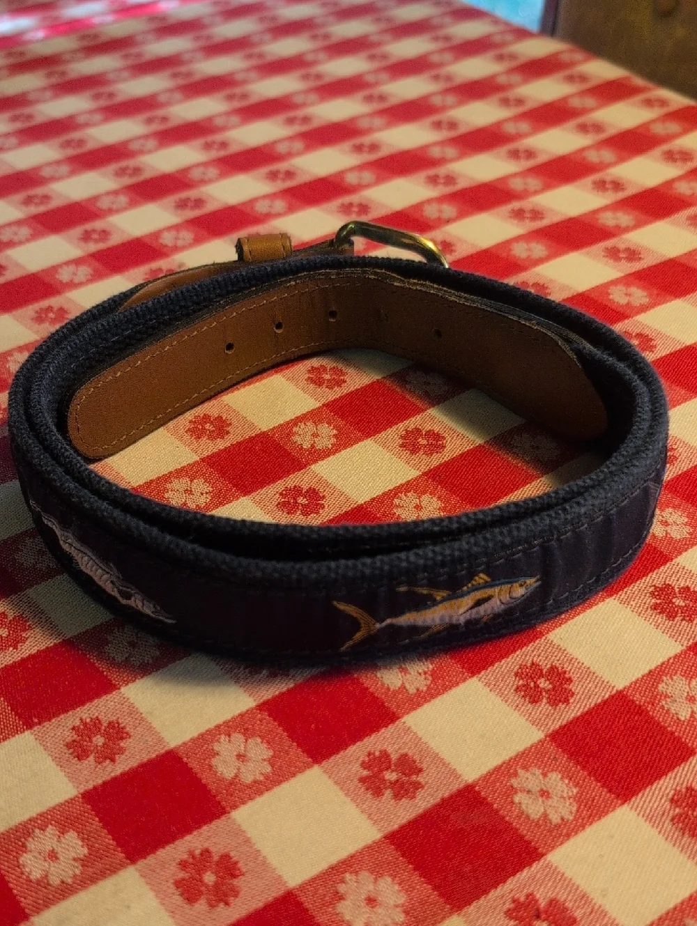 Warm Water Trophy Fish Belt,Authentic Leather,Solid Brass,Hand Embroidered Fish
